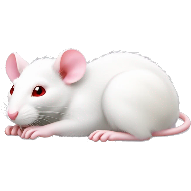 Realistic white rat with small ears, bright red small eyes and baby pink tail and baby pink paws in sleeping position neutral face eyes open body is lying down curled up emoji