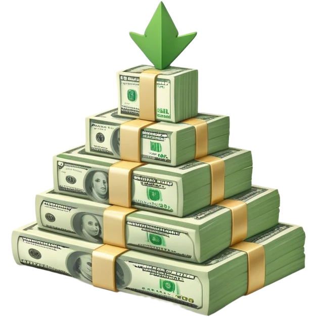 upward arrow next to gradually increasing stacks of dollar bill bundles, showing financial growth emoji