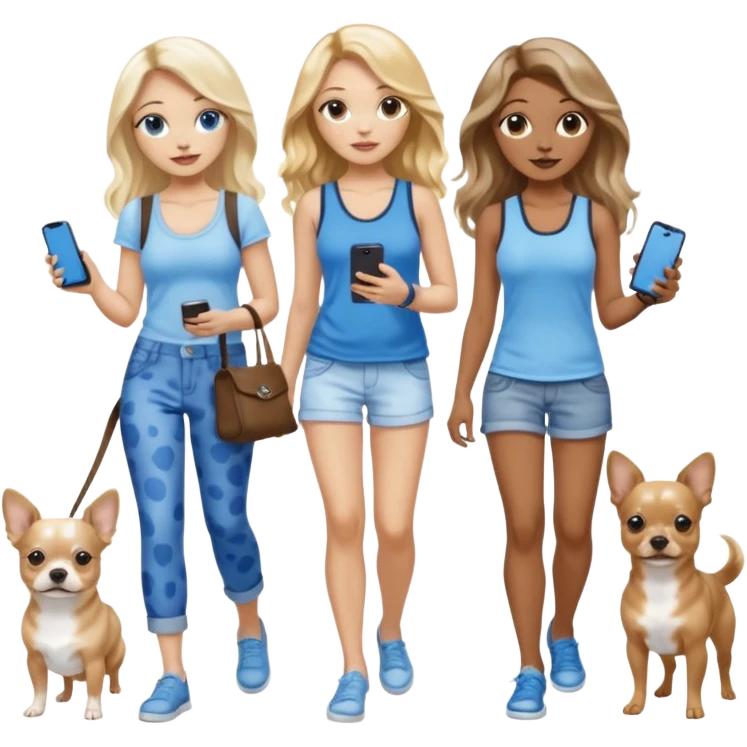 Three women in summer clothes holding iPhone, hazel eyed light skin with dark blonde long hair and light skin hazel eyed brown long wavy hair, blue eyed light skin long blonde hair walking 2 different dogs that are blue spotted Merle Frenchie, black and tan chihuahua  emoji