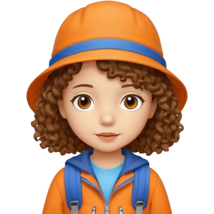 A little girl student curly brown hair, with beige bucket hat, orange jacket, blue backpack emoji