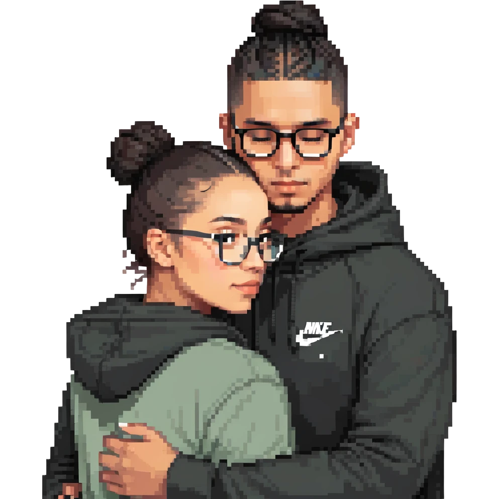 hispanic man with black hair hugging a light-skinned woman in a black Nike hoodie, woman has one bun in the back and thin black glasses emoji