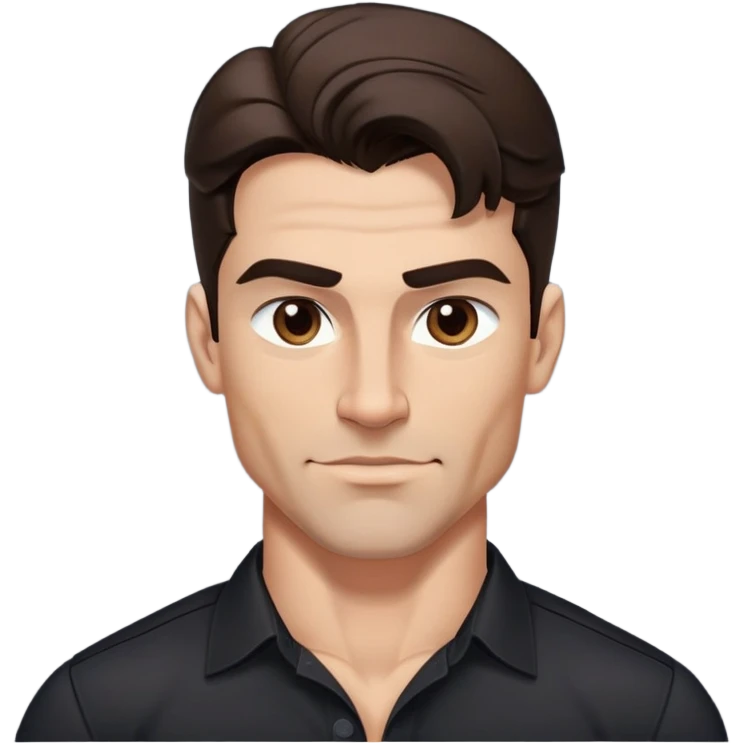 Strong athletic man with buff build, youthful 40s appearance, light brown complexion, elongated face, defined jawline, attractive confident smirk, intense dark eyes, medium eyebrows, straight nose, medium wavy dark hair, wearing a black button-down shirt that shows his muscular build emoji