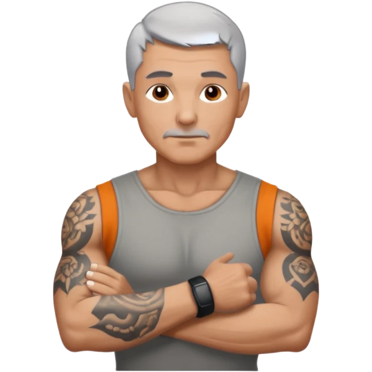 un homme de 50 ans, cheveux court gris, musclé avec le bras droit tatoué emoji