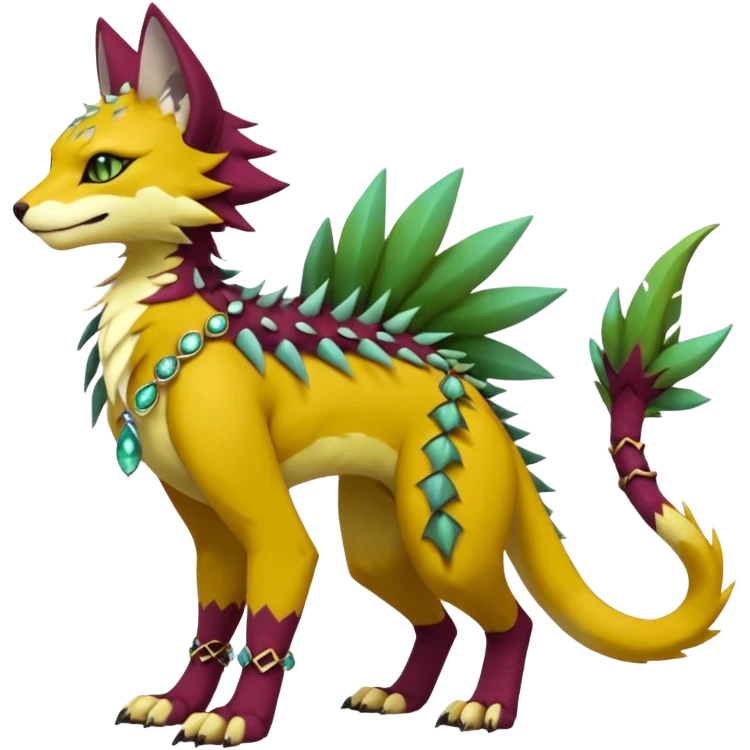 Kawaii cute reddish orangish yellowish greenish purplish exotic tribal beautiful pretty elegant divine edgy feline-vernid-sergal-Fakémon-Pokémon-Digimon-fursona-animal-creature with accessories, jewelries, full body, with intricate detailed markings, furs, fins, scales, spiny emoji