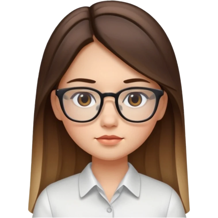 Chica de piel blanca con cabello liso largo con balayage, ojos cafe obcuro con lentes cuadrados, gordita, camisa e vestir blanca emoji