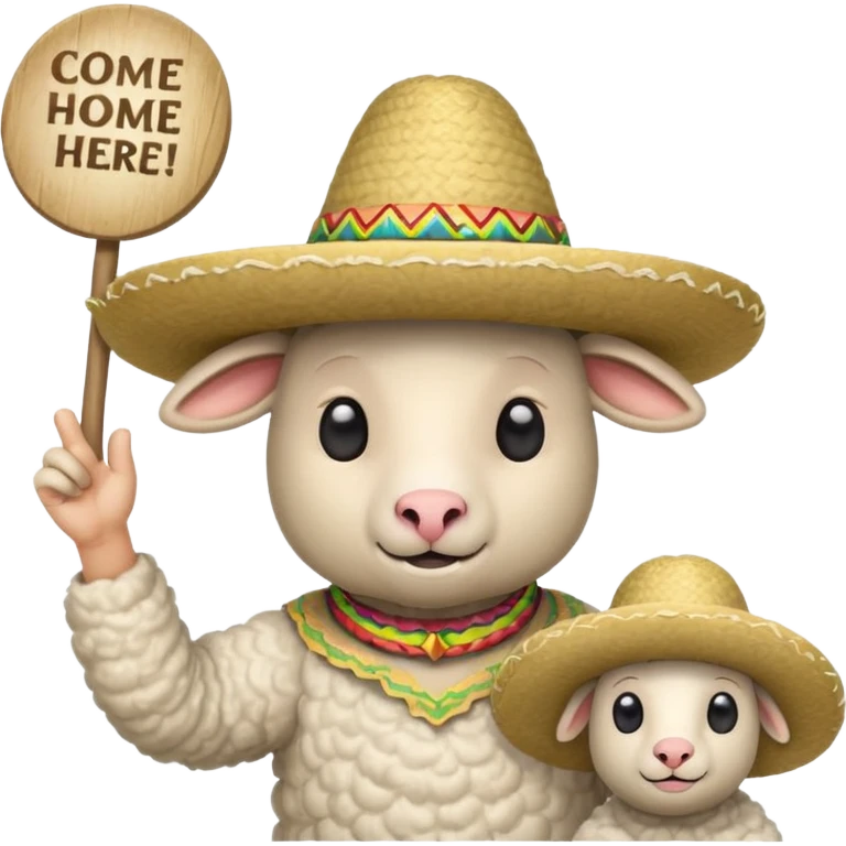 Sheep man with a sombrero waving and holding a sign that says come here! emoji