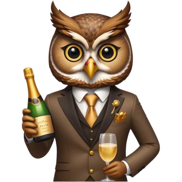 owl wearing suit, holding champagne bottle emoji