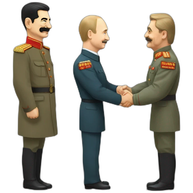Stalin shakes Putin's hand. Putin in a suit, Stalin in a tunic emoji
