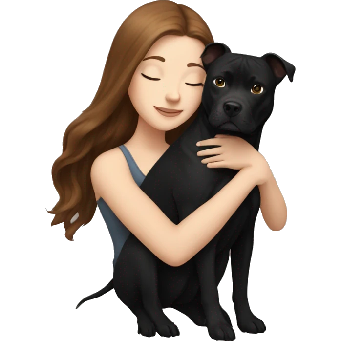 white girl with long brown hair hugging black pitbull emoji