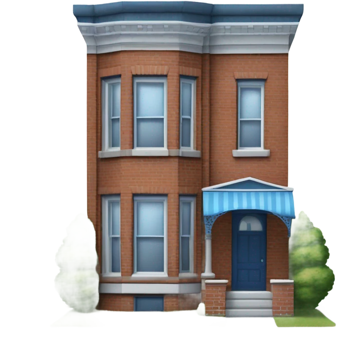Two story brick row-house with blue clad bay window protruding from the front right and no porch, no front steps emoji