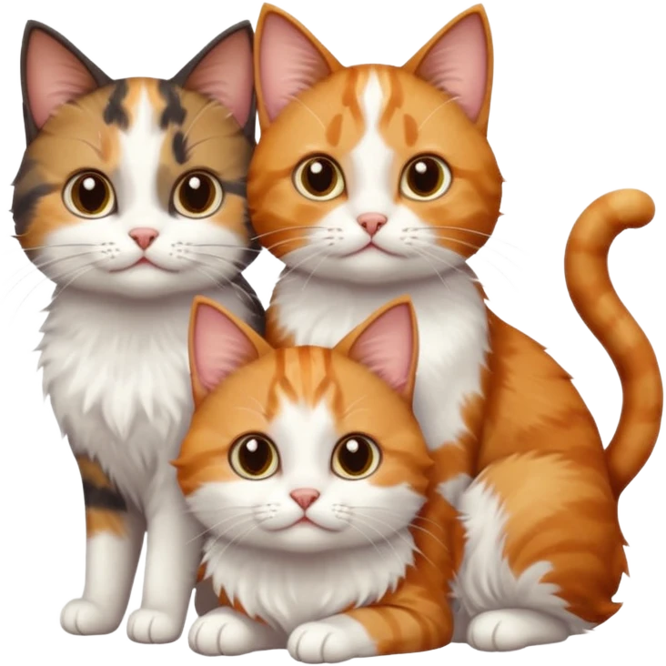 3 different coloured small cats including a dark brown tabby and white, and a patchy calico, and a ginger and white emoji