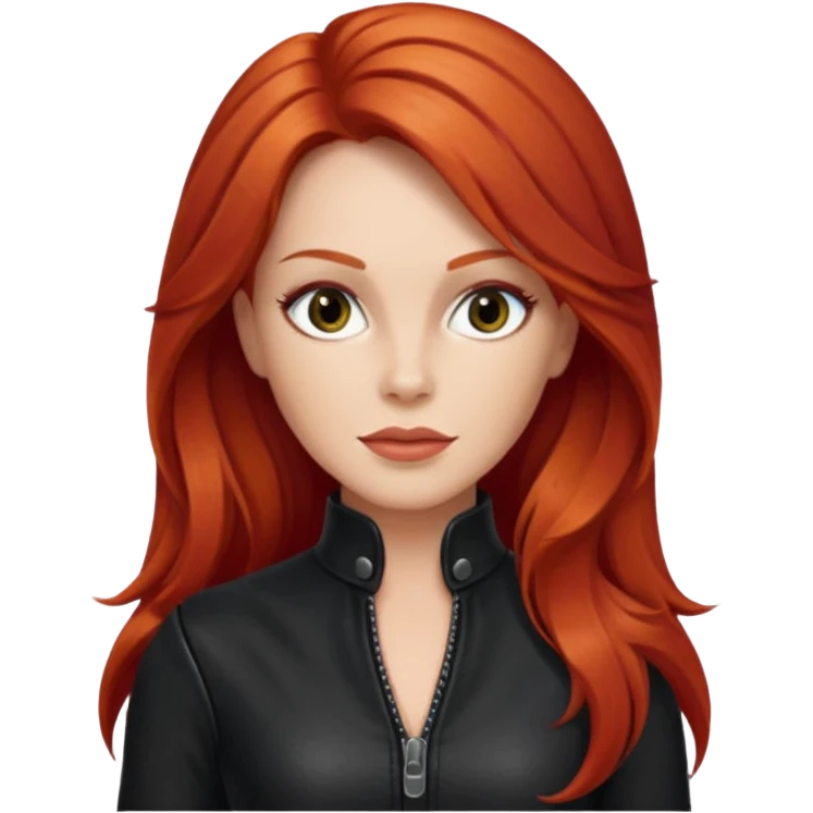 Lee Purcell with long red hair, black outfit emoji