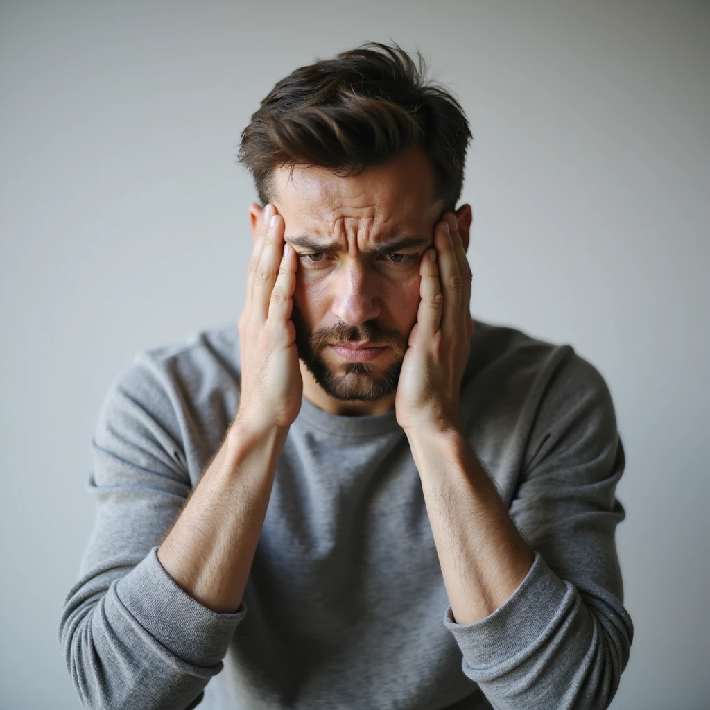 realistic 30-year-old man suffering from anxiety, worried expression, hands on face or tense posture, neutral background emoji