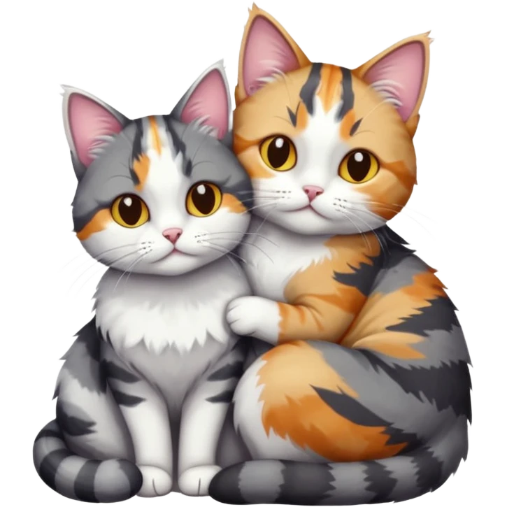full body colourful light patched calico + white tabby cat cuddling a bigger cat that is dark grey and white tabby cat  emoji