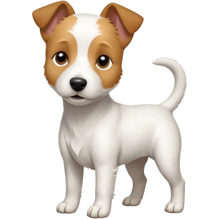 a full body slightly chubby white parson russell terrier looking dog the size of a kelpie with light brown long ears and a light brown patch on one eye and a large snout. the rest of the dog is completely white emoji