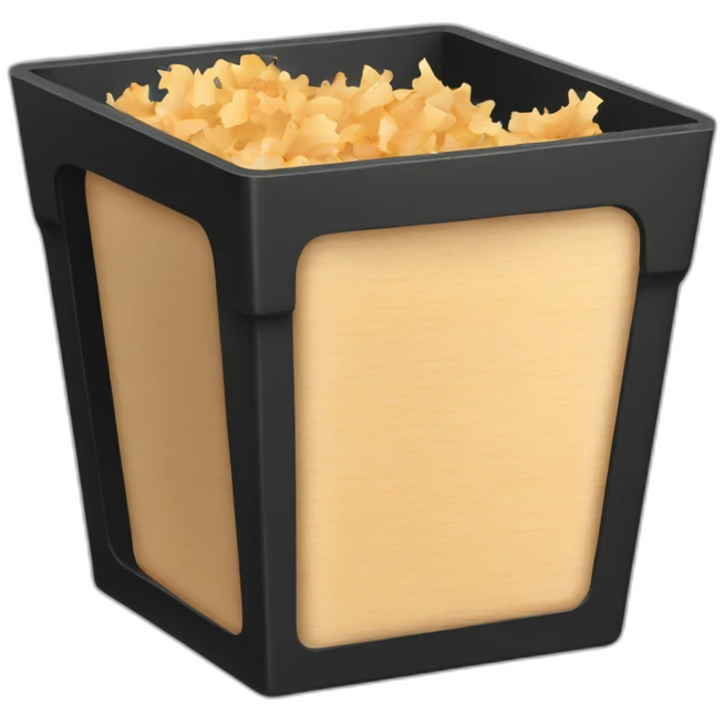 Black cubic plastic container with wood shavings inside emoji