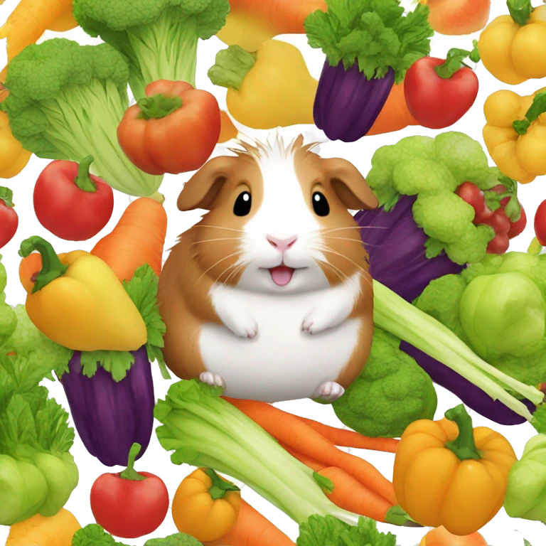 Guineapig playing on a huge pile of veggies and fruit emoji