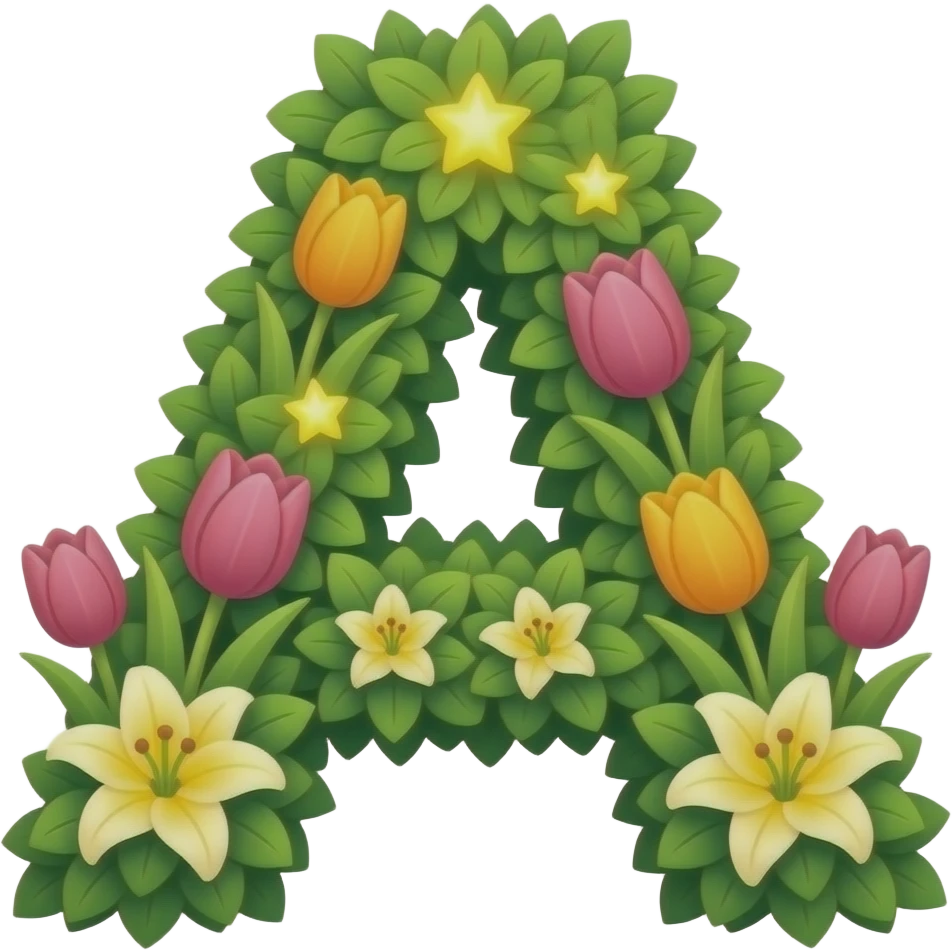 A letter 'A' formed from lush green vines shaped into small hearts. Vibrant tulips and lilies bloom from the letter, each flower center glowing like a tiny star. Dreamy atmosphere, hyper-realistic, soft pastel colors emoji