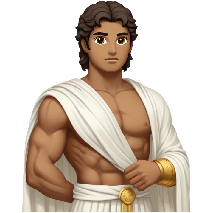 Cinematic Realistic Hercules Portrait, depicted as a classical Greek statue with a robust, muscular build and perfectly chiseled features. His bronze, sun-kissed skin has a timeless, marble-like quality, and his thick, wavy dark hair frames a face exuding determination and quiet nobility. Draped in a flowing white robe with subtle golden accents, the portrait is rendered under dynamic natural lighting that highlights every sculpted detail and evokes the majesty of ancient myth. emoji