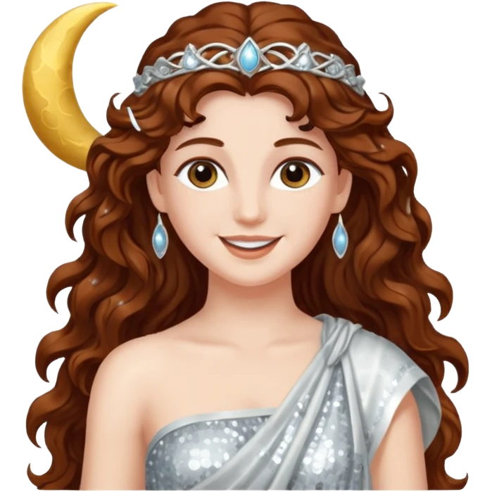 Diana, Goddess of Moon from Roman Deities with long dark auburn wavy hair, silver sequin toga emoji