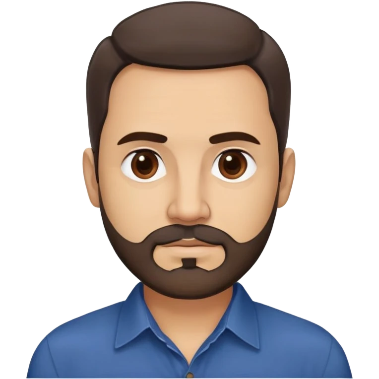 Puerto Rican man in his mid-50s with light skin. Round face with defined features. Expressive dark brown eyes, thick eyebrows. Full head of brown hair, slightly wavy. Medium-length brown beard, neatly trimmed. Wearing a dark blue button-up shirt. emoji