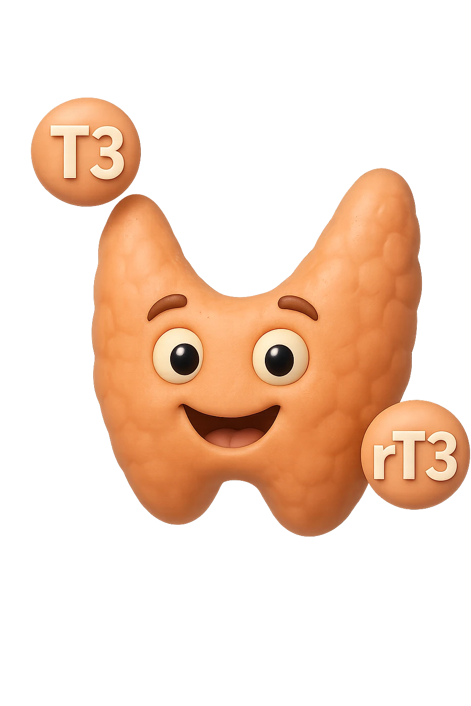 EMOJI STILE IPHONE 3D DI ormoni tiroidei (T3 ed rT3) che fluttuano in aria intorno ad una tiroide felice, iperrealistico 4k emoji
