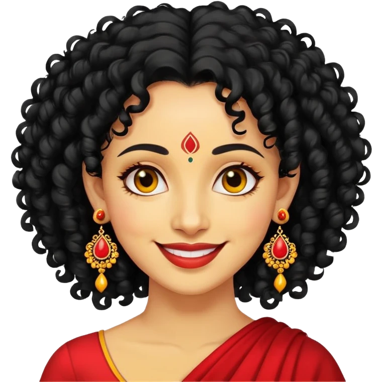 "- Phụ nữ
- 35 tuổi
- Da vàng
- Tóc đen xoăn nhẹ
- Có chấm đỏ Bindi, đeo khuyên tai
- Mặt cười
" emoji