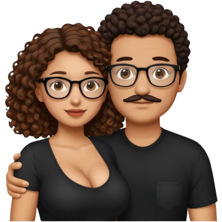 A mixed girl with glasses, the girl is wearing a black shirt, the girl has brown curly hair  and the girl has big boobs. A Mexican man is embracing her, with black bald hair and a short boxed mustache  emoji