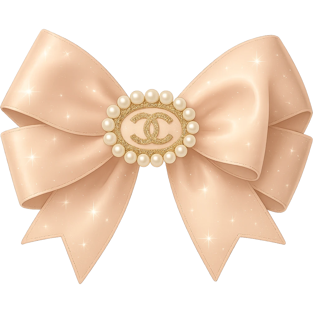 Add a solid white background behind the elegant bow with pearls and gold Chanel logo, sparkling effects, glossy, pastel colors, realistic style. emoji