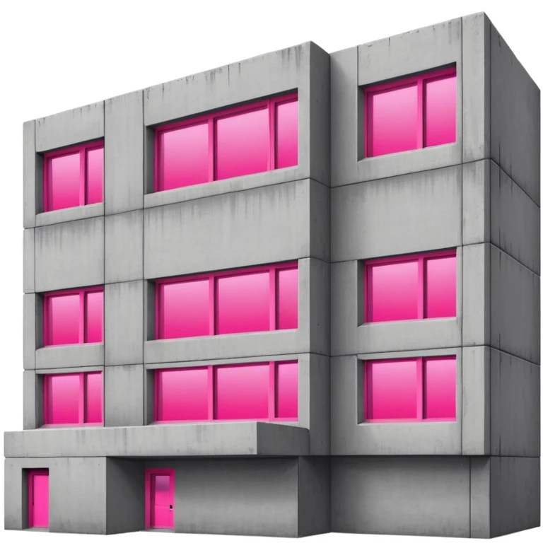 Gray concrete brutalist architecture with a single bright pink window and multiple regular windows emoji