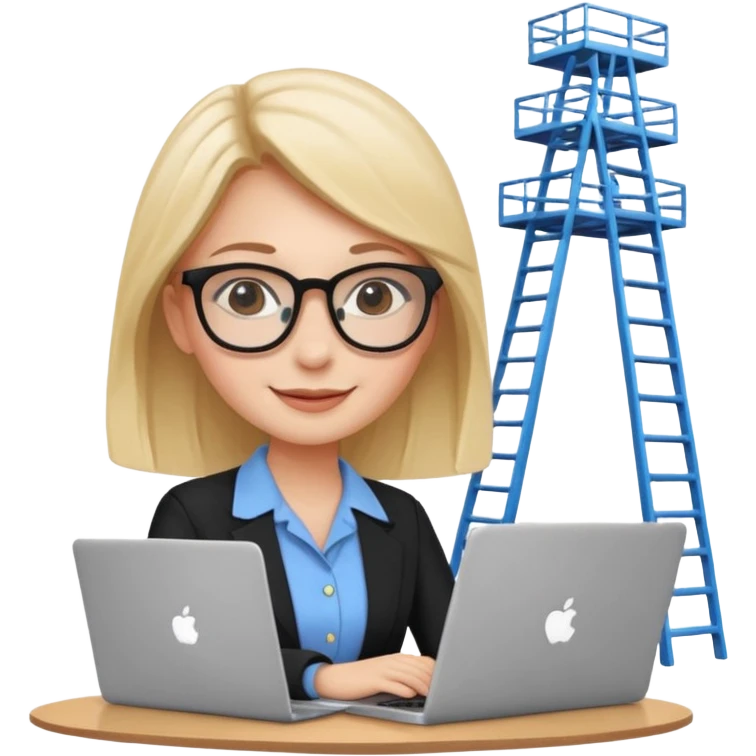 Девушка сидит на работе с ноутбуком. Рядом расположена карьерная лестница вверх, повышение  emoji
