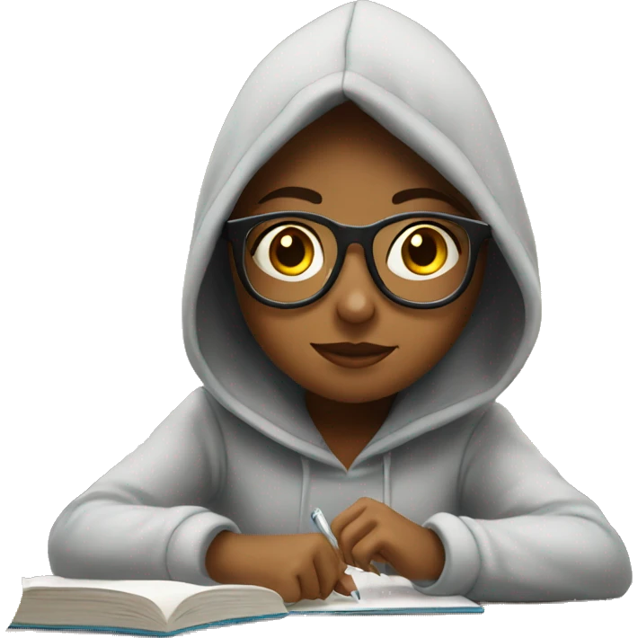 a girl in a hoodie and glasses sitting at kitchen table studying emoji