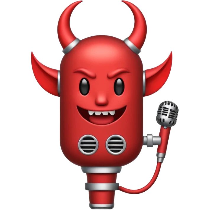Minimalist emoji-style sticker of a classic retro microphone with small devil horns and a subtle tail wrapping the base. Grayscale with slight red accents.
 emoji