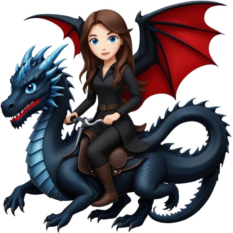Me, a white female with long brown hair and blue eyes, wearing nothing but black clothes, and riding a VERY BLACK dragon with HINTS of RED, to your work emoji