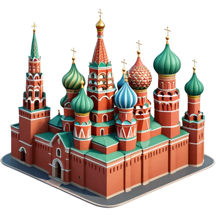 Isometric illustration of Moscow, featuring photorealistic Moscow with colorful onion domes, hand-drawn painterly details, subtle texture on bricks and roofs, realistic shadows and soft lighting, muted yet vivid color palette, diorama miniature effect. emoji