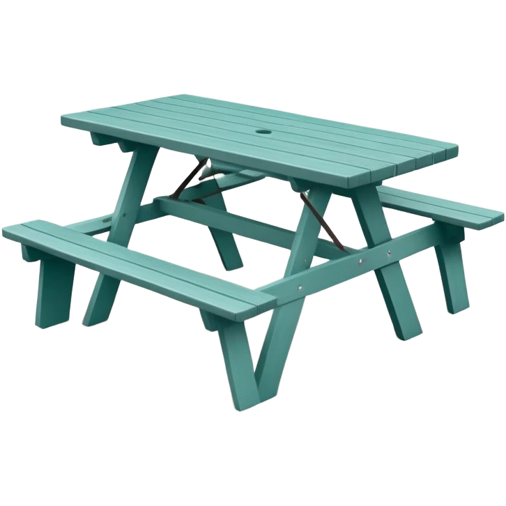 simple rectangular picnic table with attached benches, soft teal color, straight vertical legs, small wheels underneath, flat wood-style silhouette, muted teal tone, clean geometry, minimal shading, slightly theatrical emoji