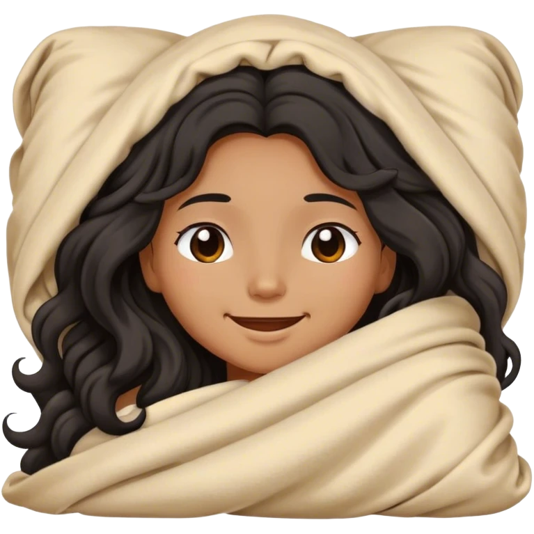 tan skin color long black wavy hair girl inside a blanket eyes closed smiling emoji