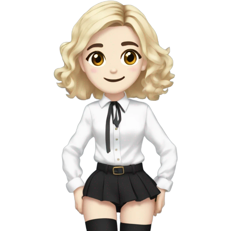 Anime version of Kiernan Shipka in 20denier black thigh highs and Strappy  platform high heel sandals with white blouse  emoji