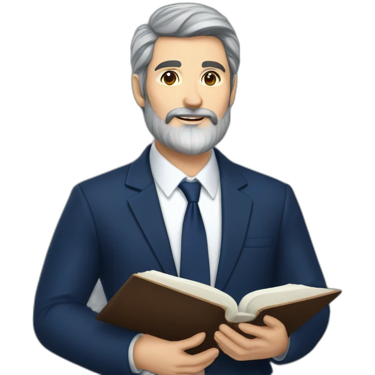 husband classy caucasian 55 dark gray hair trimmed beard wearing navy blue business suit and holding bible, with wife asian age 55 dark hair nurse uniform, no children emoji