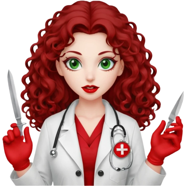 Lilith symbol sexy evil woman. She has green eyes.  had brown long curly hair.  evil surgeon kills with scalpel wears red sexy doctor coat with red mouth cover red gloves emoji