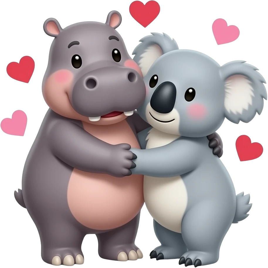 Hippo kissing koala face in love. Hugging.  Realistic. Not cartoon.  Hearts. emoji