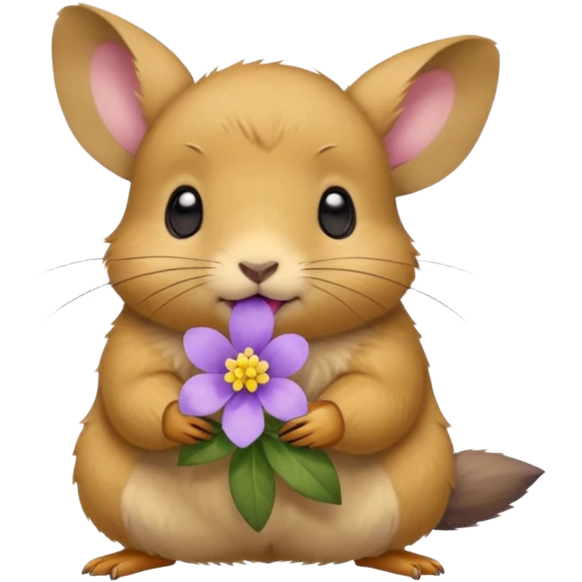 small round pika carrying little light purple flower in mouth emoji