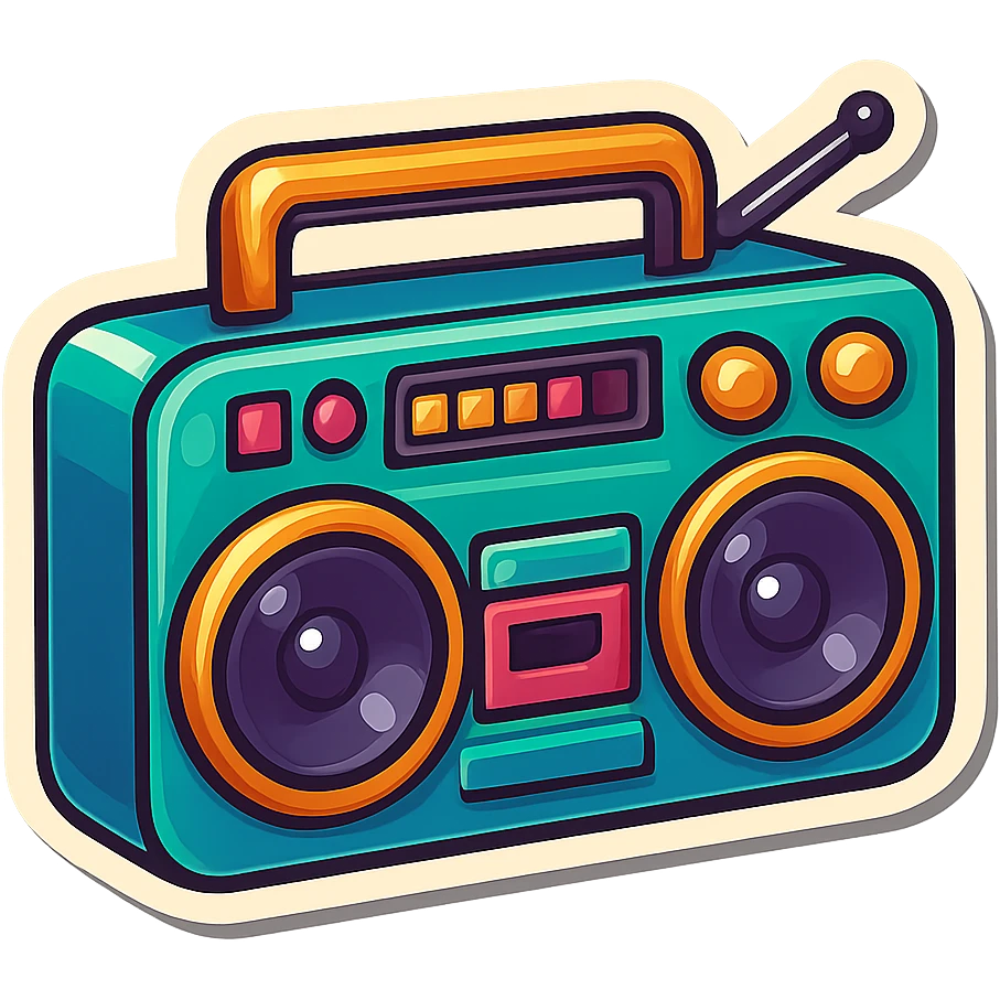 boombox, retro sticker style, vibrant colors, thick outlines, fun and nostalgic emoji