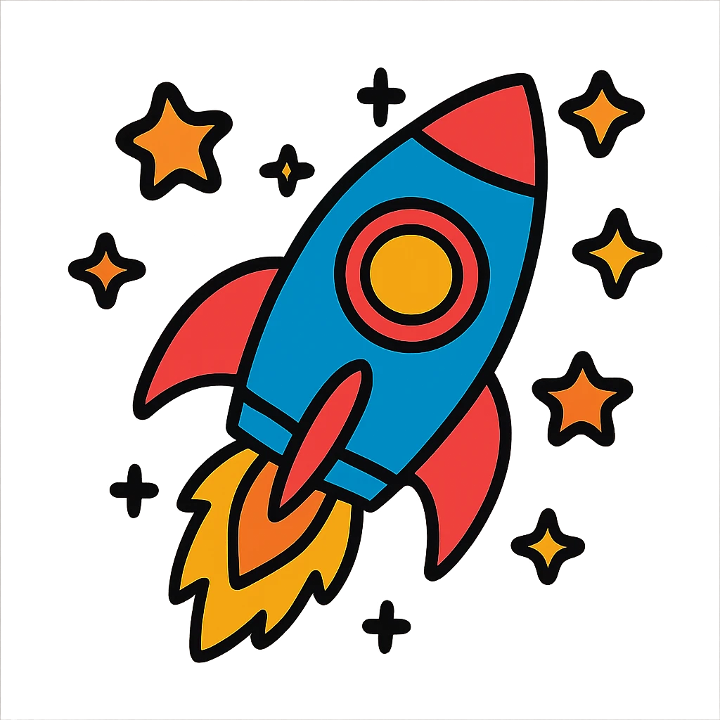 rocket ship with flames and stars around it emoji