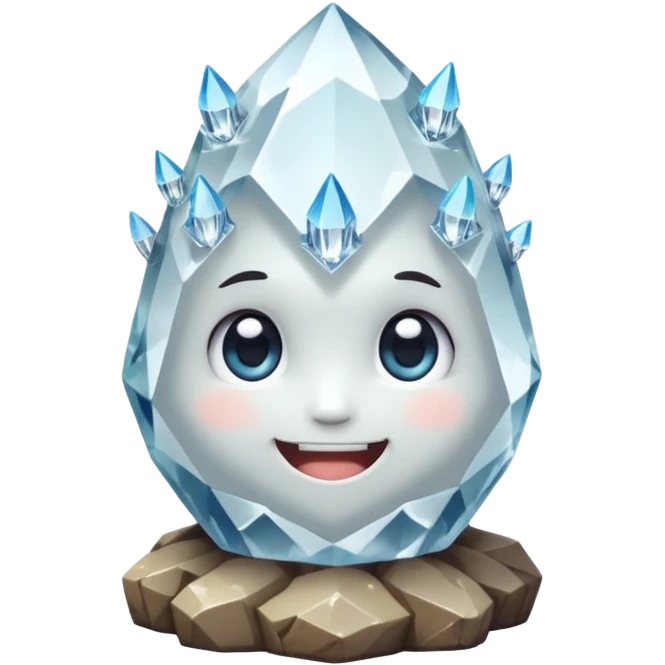 A single cute crystal rock character inspired by a clear quartz cluster, chunky round base with many tall transparent crystal spikes growing upward all around it, faceted and slightly imperfect, on the front of the base a big kawaii face with large glossy eyes and a wide happy smile emoji