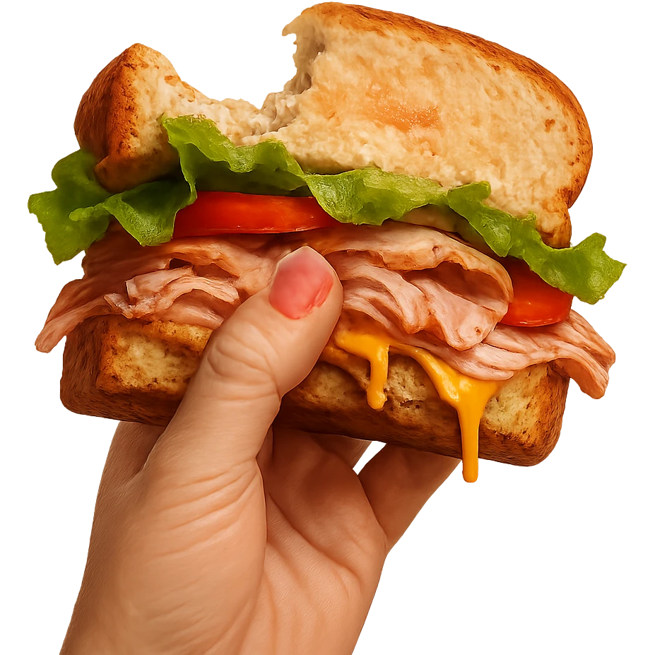 a half-eaten, sloppy sandwich gripped by a hand with pink fingernails emoji