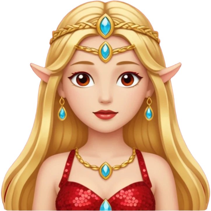 Freya, Goddess of Love from Gods and Goddesses with long golden blonde hair, red sequin outfit emoji