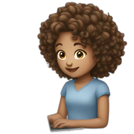 girl with curly brown hair and laptop and white hearts back emoji