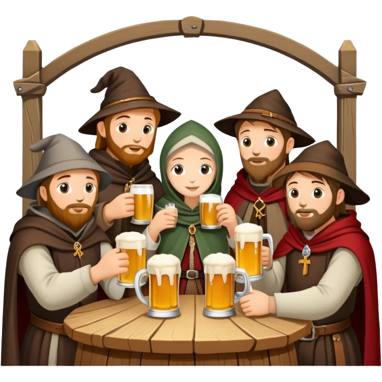 medieval pilgrims with cloaks drinking beer at a tavern emoji