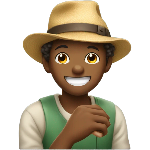 smiling boy in a hat biting nails  emoji